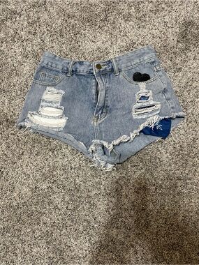 SHEIN Light Blue Distressed Denim Cutoff Shorts with Heart Patch